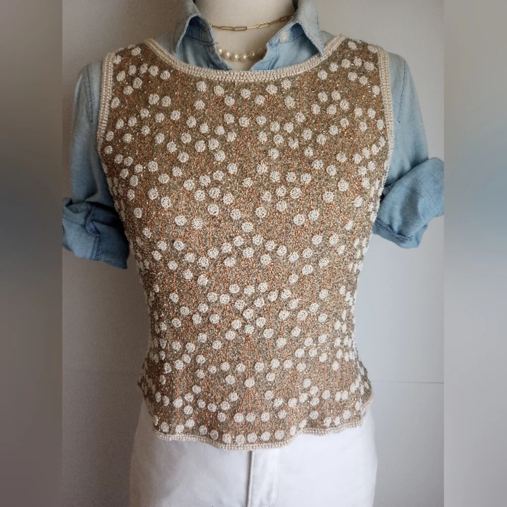 Adrianna Papell Gold White Pearl Beaded Layering Top Sleeveless Silk Size 8P - Picture 5 of 15